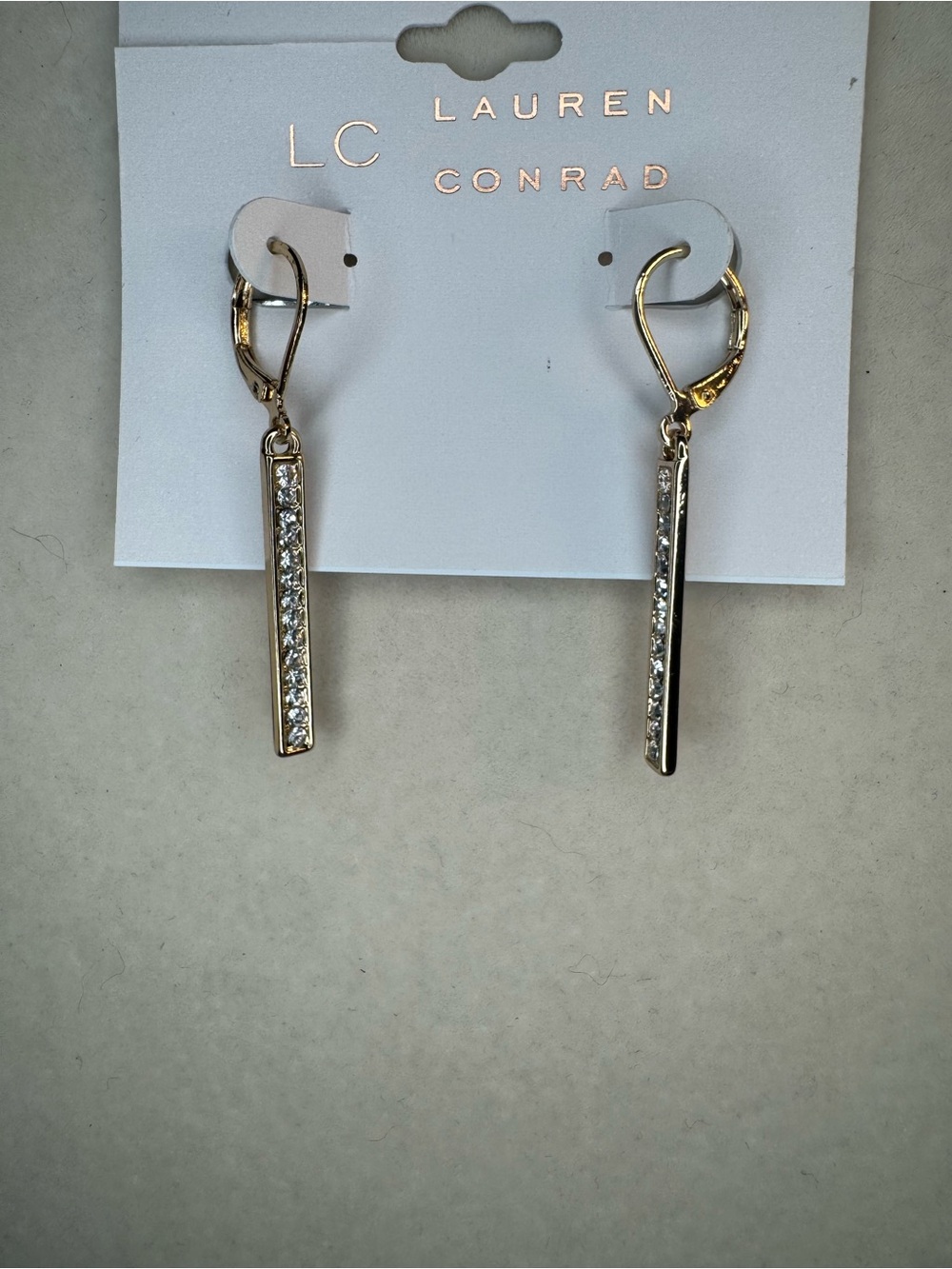 New LC Lauren Conrad Gold Bar Drop Earrings with Clear Crystals